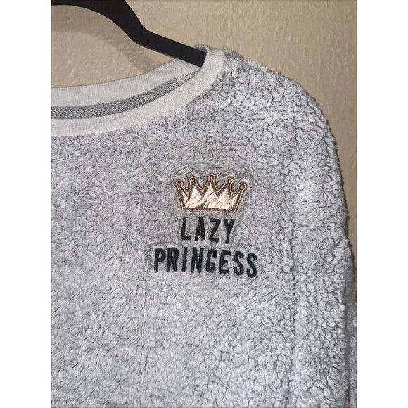 Lazy Princess Gray Fuzzy Sherpa‎ Sweatshirt Crown Girls Cozy Pullover - Picture 2 of 6